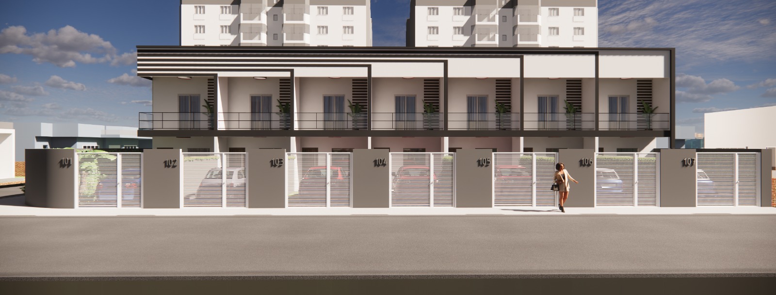 Empreendimento residencial moderno iluminado à noite